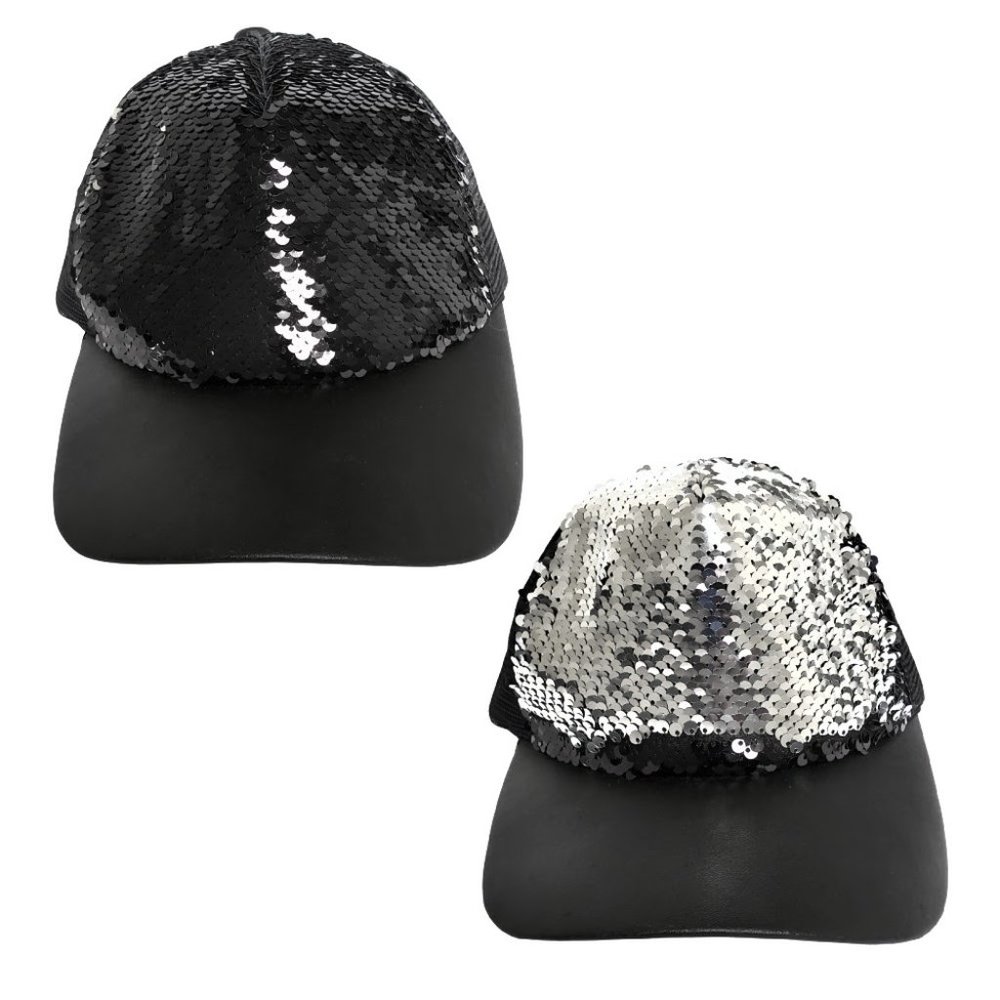 Reversible Black and Silver Sequin Women's Baseball Hat
